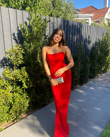 Robe de soirée fourreau rouge bustier J6276