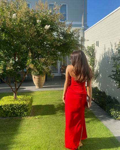 Robe de soirée fourreau rouge bustier J6276