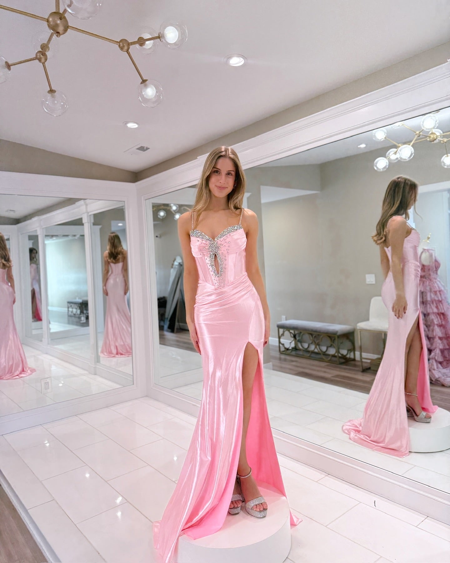 Spaghettiträger Meerjungfrau Rosa Ballkleid Perlen Formales Partykleid J6283