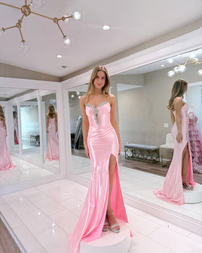 Spaghettiträger Meerjungfrau Rosa Ballkleid Perlen Formales Partykleid J6283