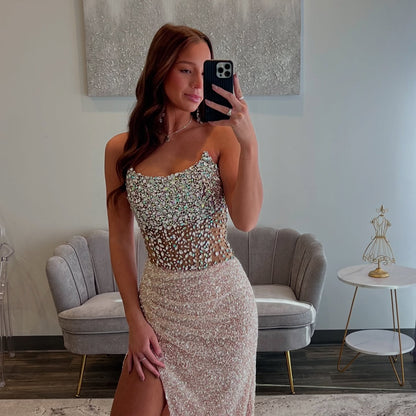 Strapless Sequin Slit Prom Dress Beads Formal Evening Party Dress J6287
