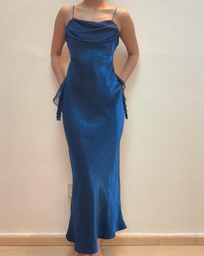 Spaghetti Straps Mermaid Blue Ruffle Prom Dress J6291