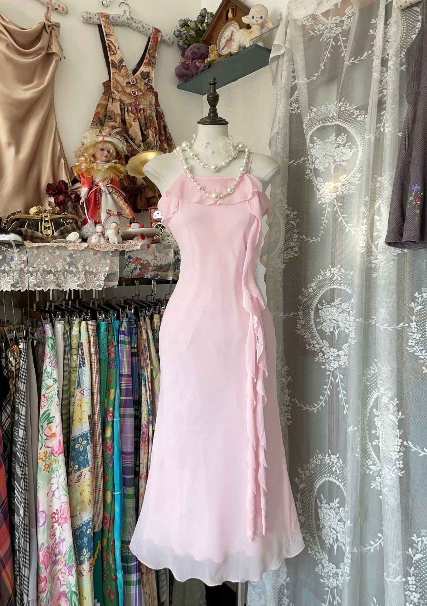 Spaghettiträger Meerjungfrau Rosa Ballkleid Rüschen Formales Partykleid J6305