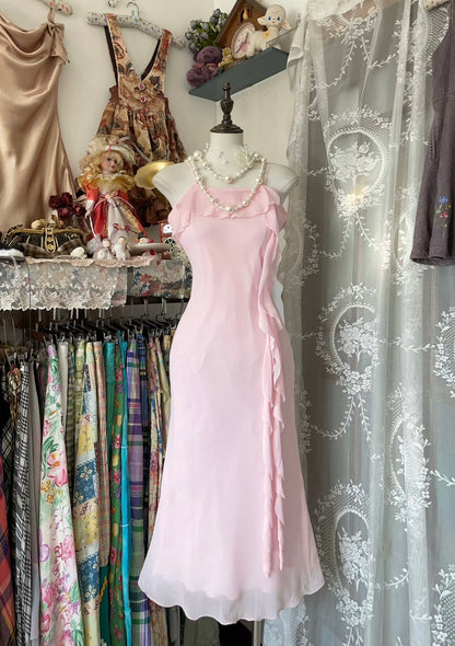 Spaghettiträger Meerjungfrau Rosa Ballkleid Rüschen Formales Partykleid J6305