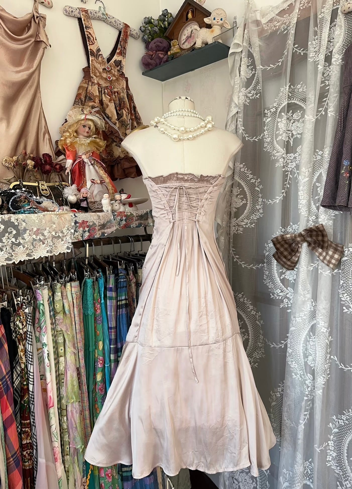 Strapless Mermaid Satin Pink Prom Dress Simple Vintage Dress J6307