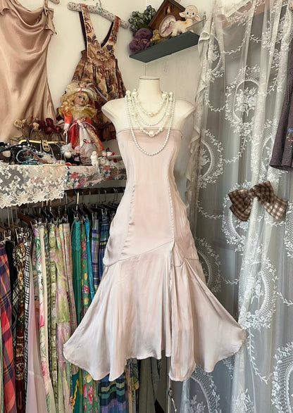 Strapless Mermaid Satin Pink Prom Dress Simple Vintage Dress J6307