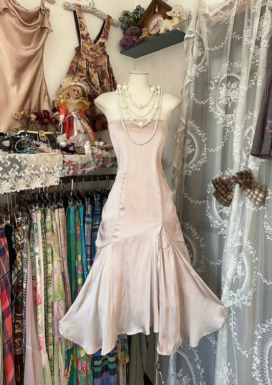 Strapless Mermaid Satin Pink Prom Dress Simple Vintage Dress J6307