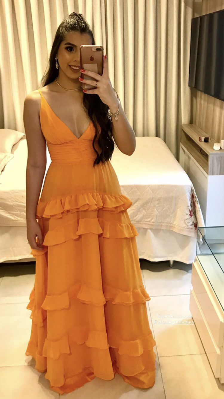Robe de soirée de mariage orange à volants et col en V J7392