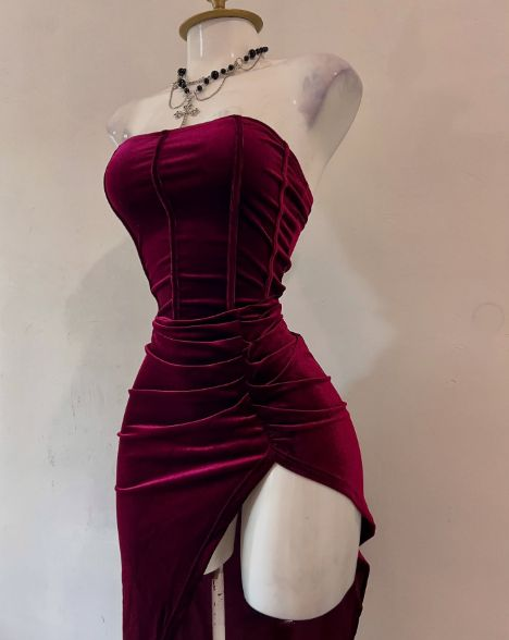 Sexy Strapless Slit Evening Dress Burgundy Birthday Dress Prom Dress J8668