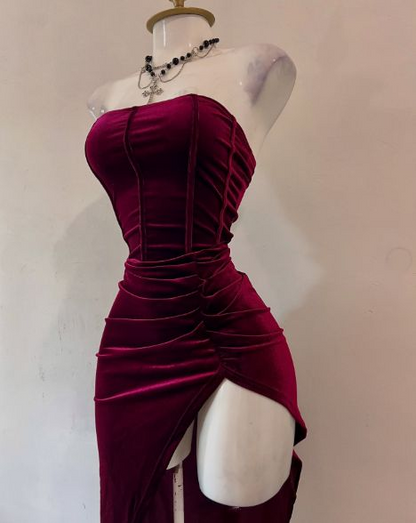 Sexy Strapless Slit Evening Dress Burgundy Birthday Dress Prom Dress J8668