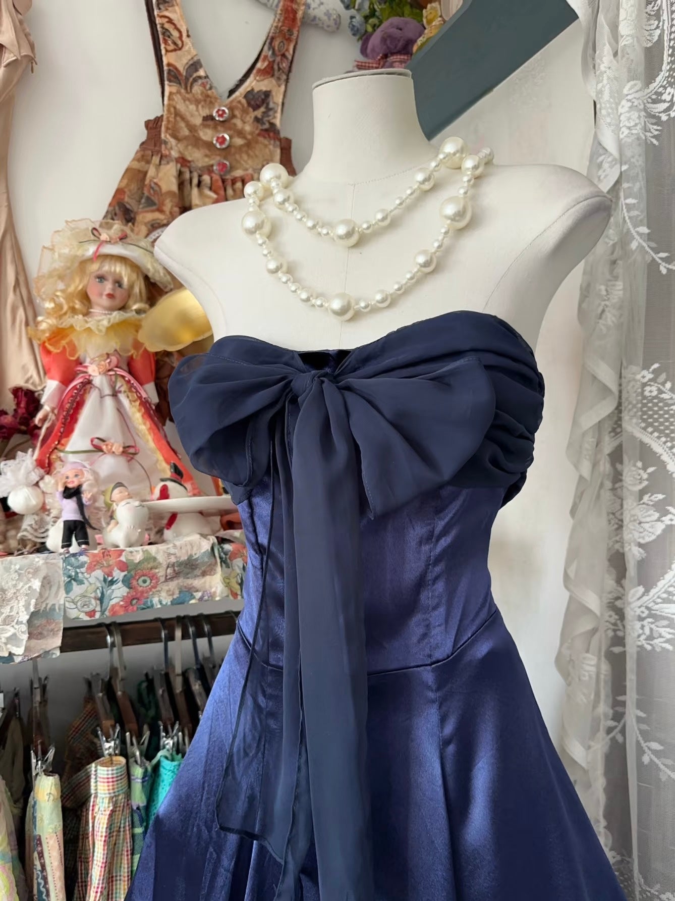 Strapless A Line Satin Navy Blue Prom Dress Satin Vintage Evening Dress J6311