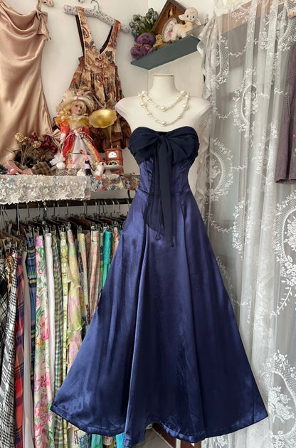 Strapless A Line Satin Navy Blue Prom Dress Satin Vintage Evening Dress J6311