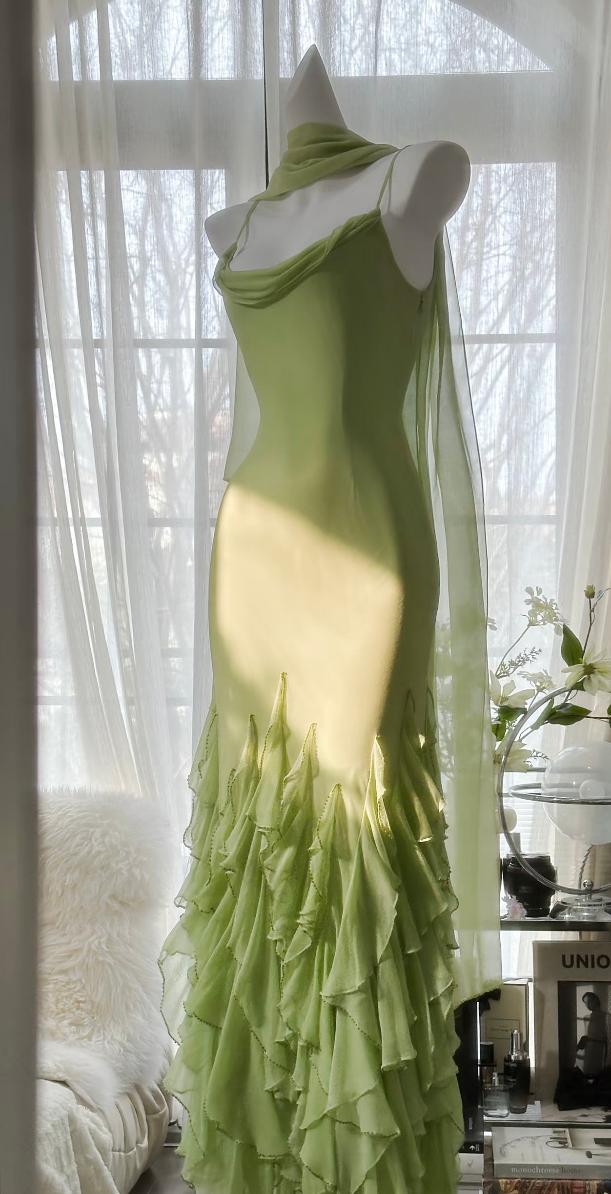 Mermaid Ruffle Chiffon Green Prom Dress Green Birthday Outfit J6313