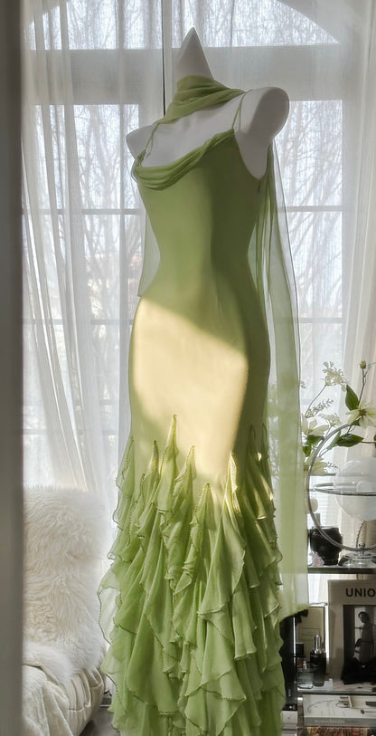 Mermaid Ruffle Chiffon Green Prom Dress Green Birthday Outfit J6313