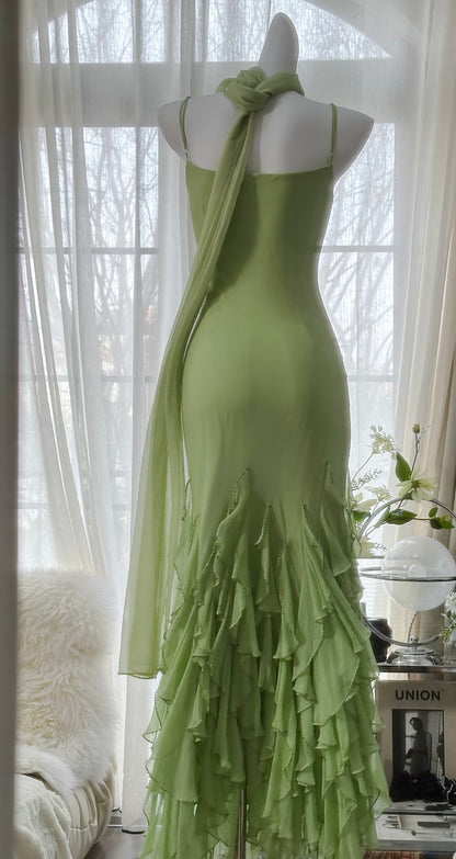 Mermaid Ruffle Chiffon Green Prom Dress Green Birthday Outfit J6313
