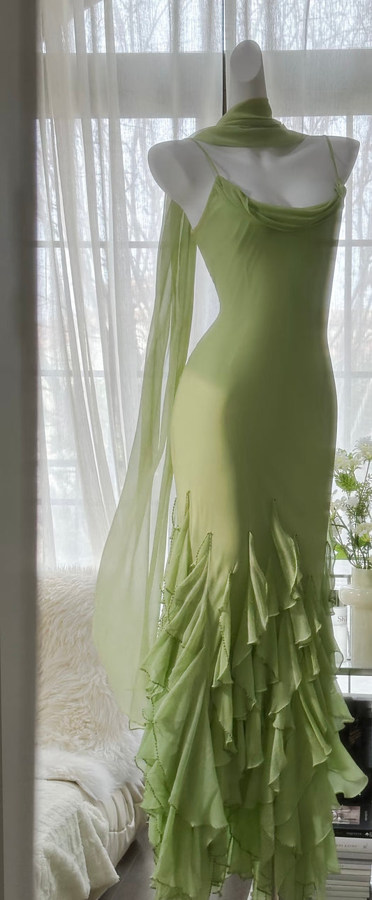 Meerjungfrau Rüschen Chiffon Grün Ballkleid Grün Geburtstag Outfit J6313