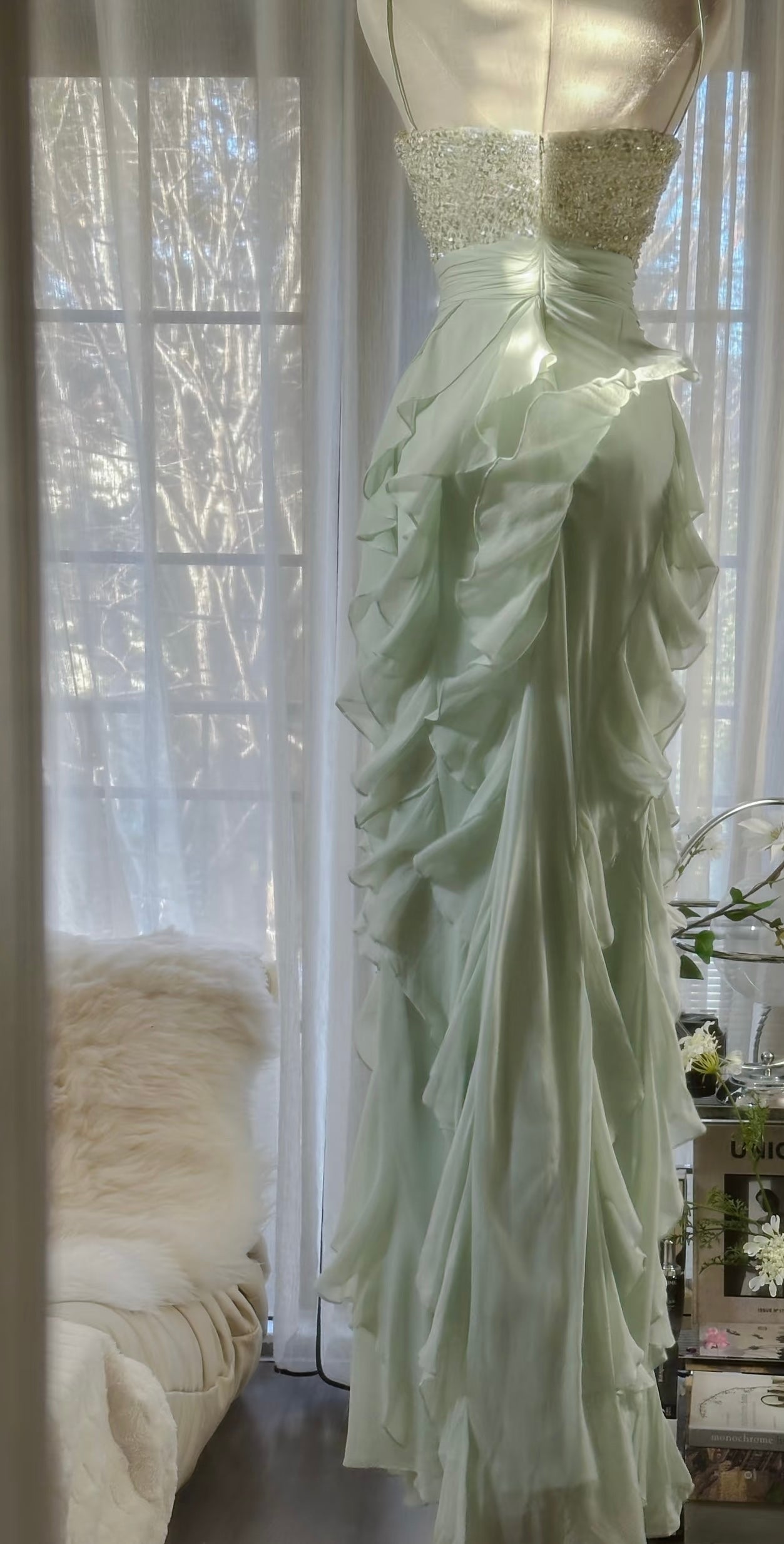 Sequin Light Green Prom Dress Ruffle Sheath Vintage Chiffon Dress J6314