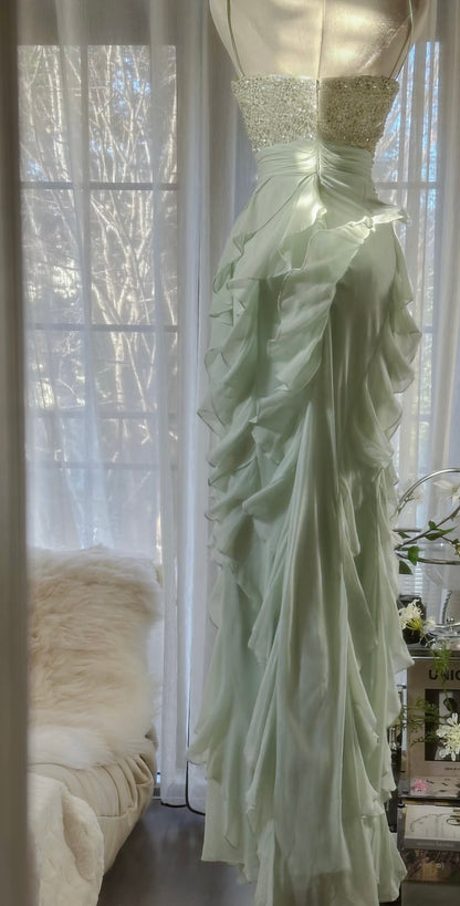 Sequin Light Green Prom Dress Ruffle Sheath Vintage Chiffon Dress J6314