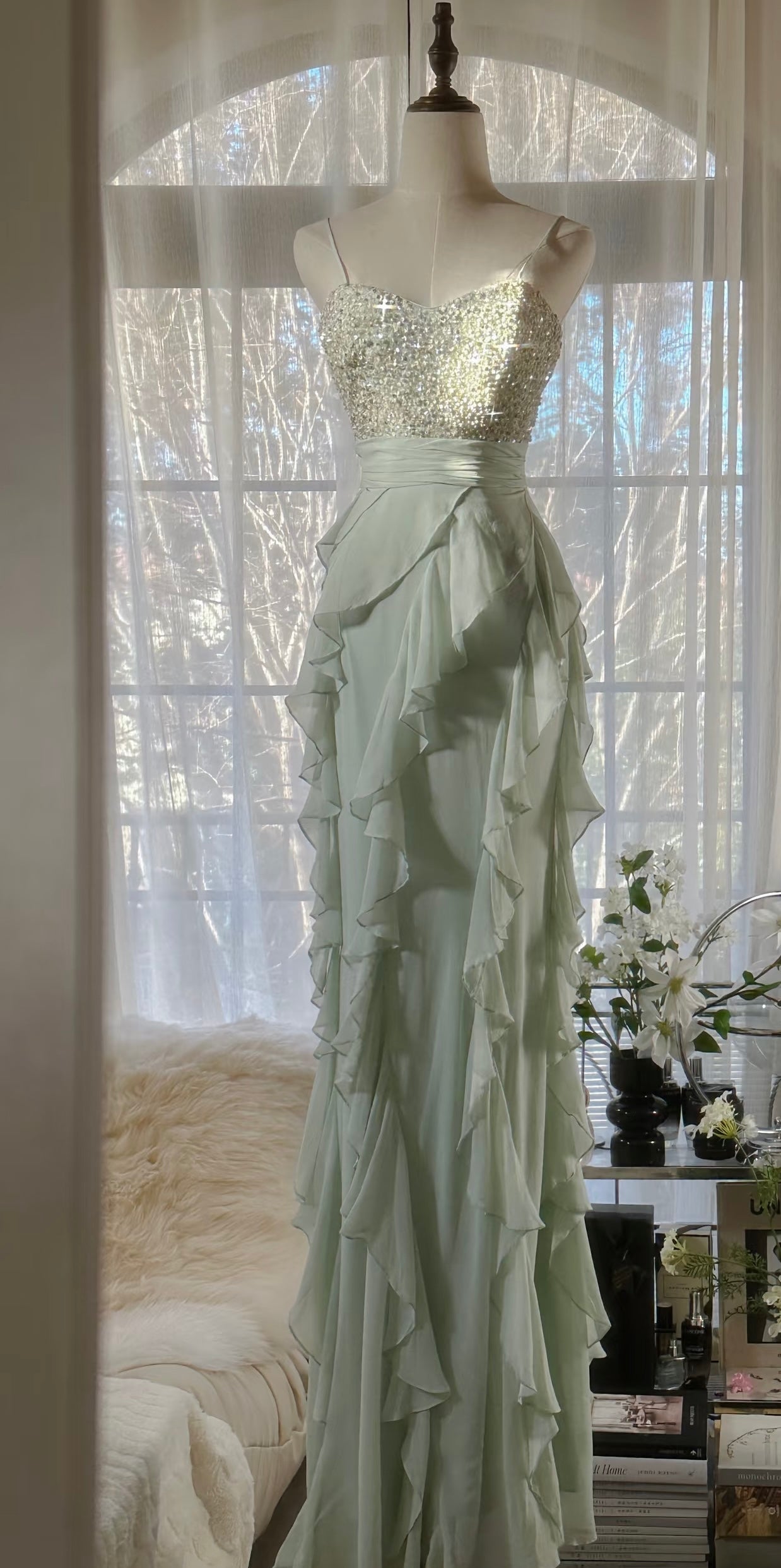 Sequin Light Green Prom Dress Ruffle Sheath Vintage Chiffon Dress J6314