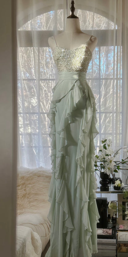 Sequin Light Green Prom Dress Ruffle Sheath Vintage Chiffon Dress J6314
