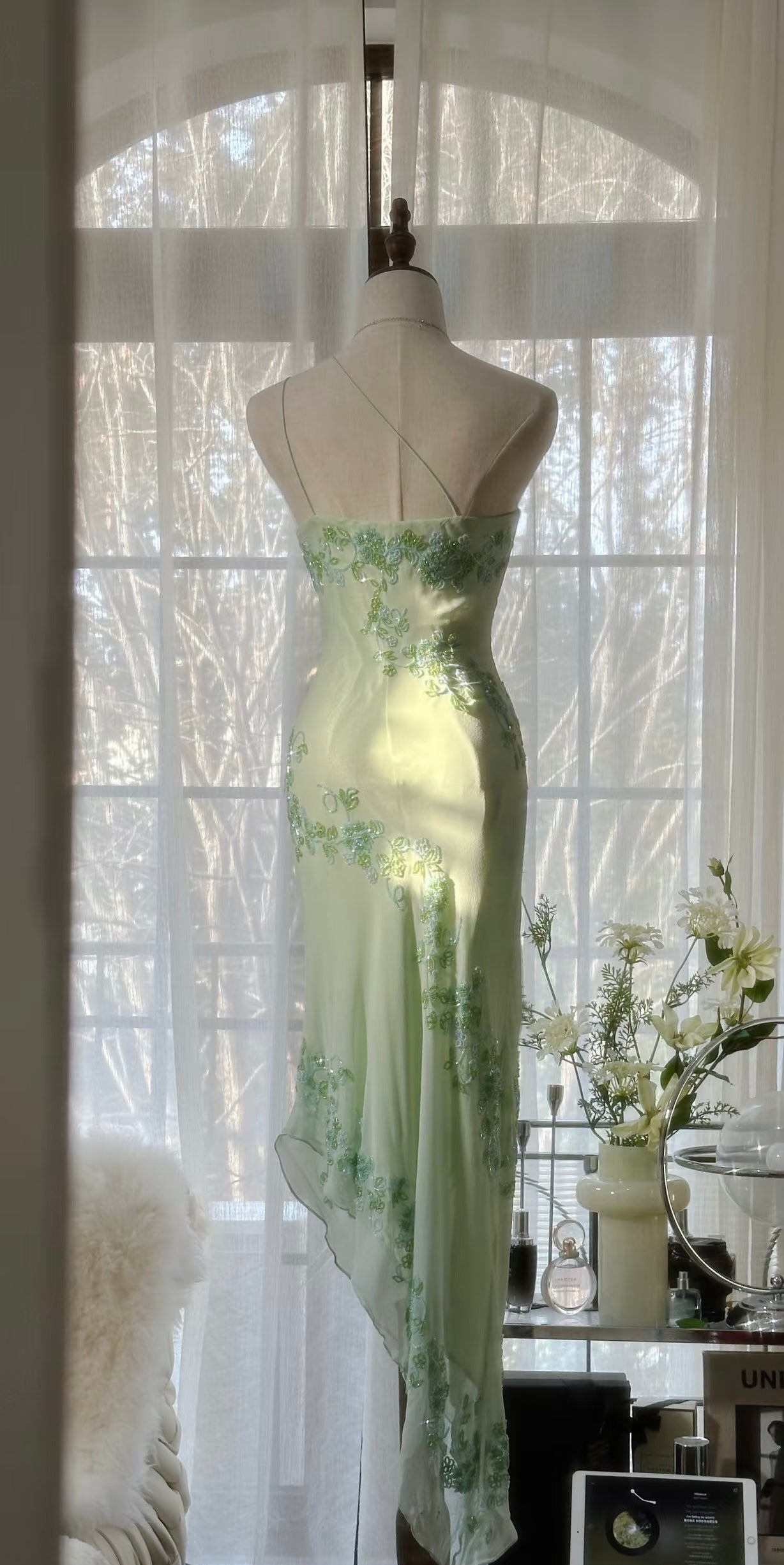 One Shoulder Light Green Prom Dress Vintage Formal Party Dress J6315