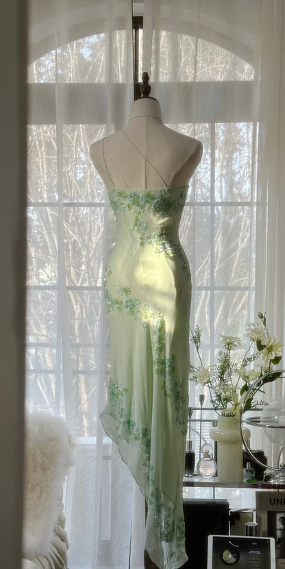 One Shoulder Light Green Prom Dress Vintage Formal Party Dress J6315