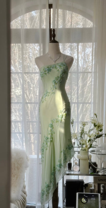 One Shoulder Light Green Prom Dress Vintage Formal Party Dress J6315