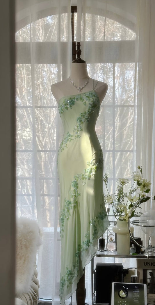 One Shoulder Light Green Prom Dress Vintage Formal Party Dress J6315