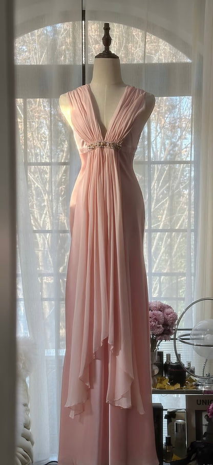 Robe de bal sirène en satin rose et mousseline de soie, robe d'invitée de mariage rose J6318