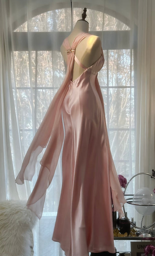 Robe de bal sirène en satin rose et mousseline de soie, robe d'invitée de mariage rose J6318