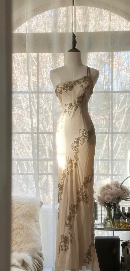 One Shoulder Sheath Chiffon Prom Dress Vintage Formal Party Gown J6319