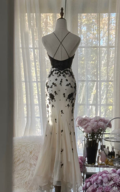 Mermaid Backless Black Applique Prom Dress Chiffon Vintage Evening Gown J6320