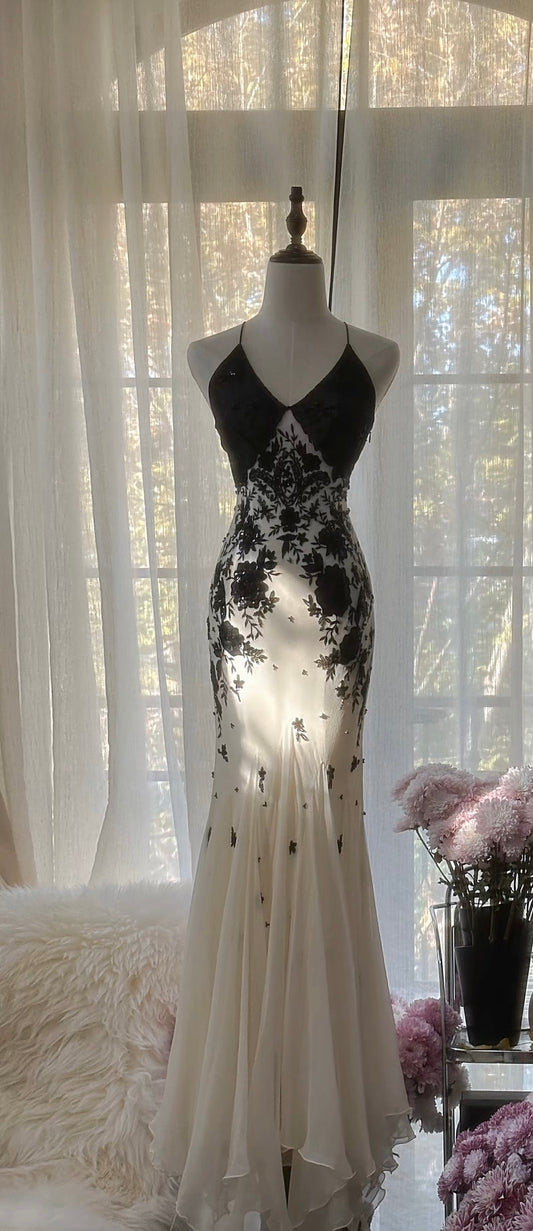 Mermaid Backless Black Applique Prom Dress Chiffon Vintage Evening Gown J6320