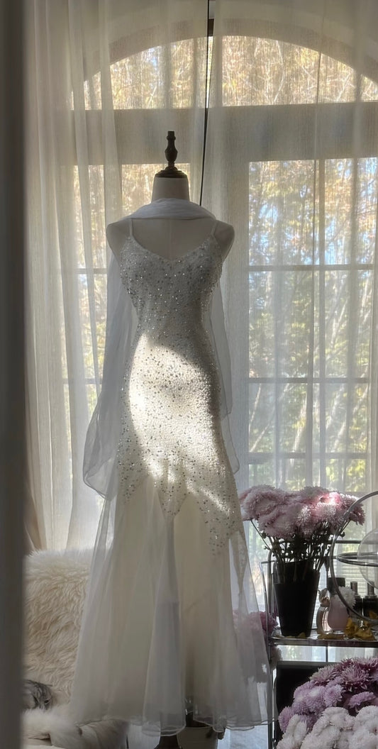 Meerjungfrau Pailletten Elfenbein Ballkleid Funkelndes Abendkleid J6321