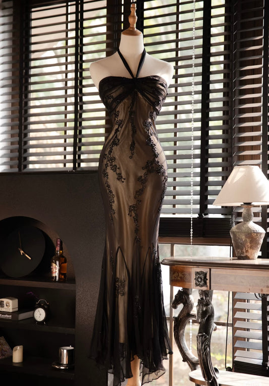 Halter Mermaid Black Beaded Prom Dress Vintage Formal Evening Gown J6322