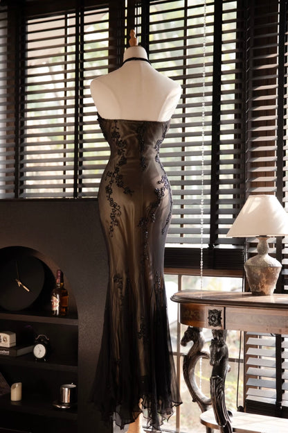 Halter Mermaid Black Beaded Prom Dress Vintage Formal Evening Gown J6322