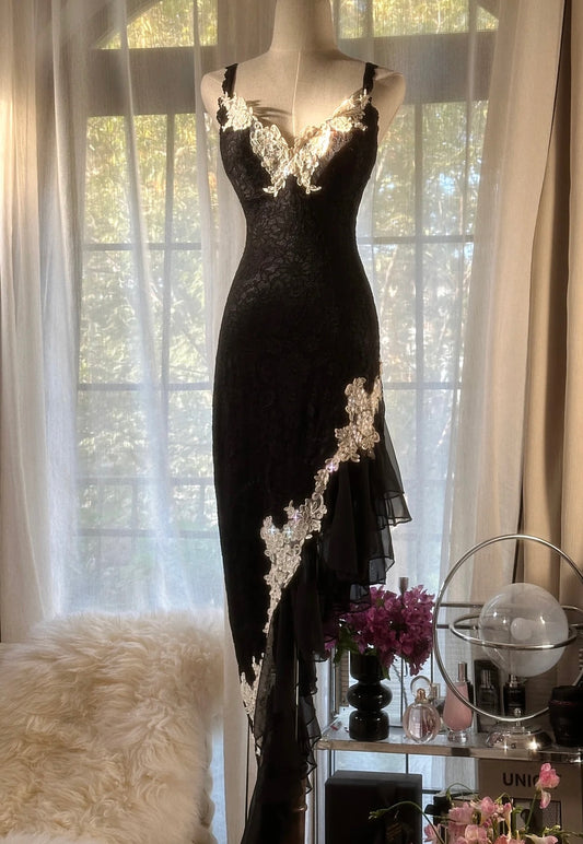 Applique Black Lace Prom Dress Vintage Formal Party Gown J6323