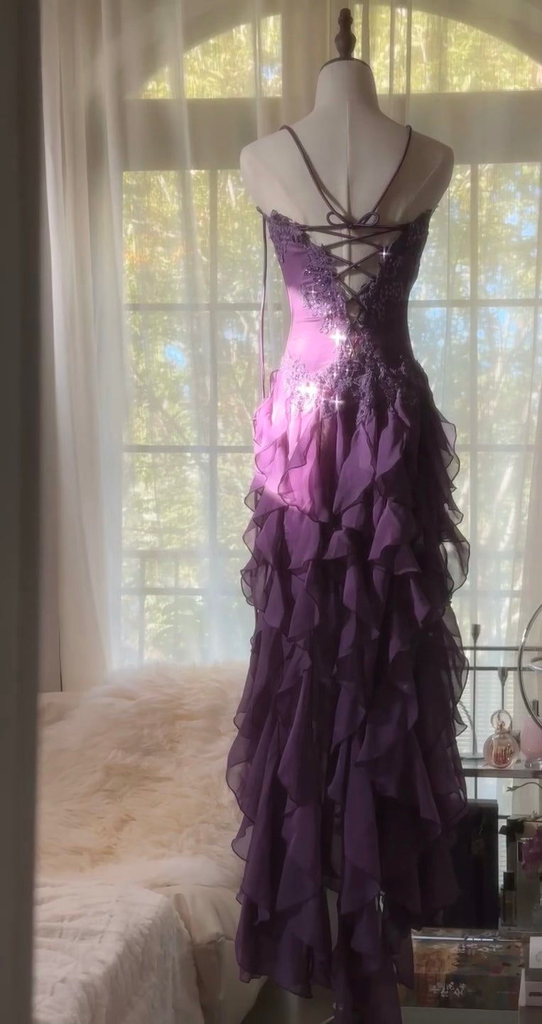 Strapless Ruffle Purple Prom Dress Applique Evening Dress J6324