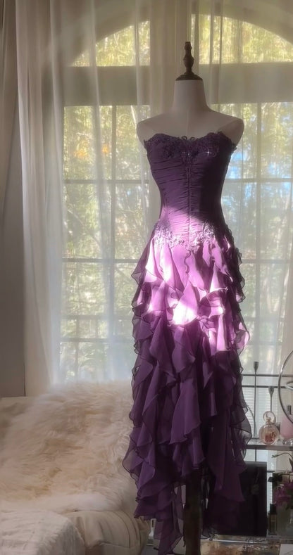 Strapless Ruffle Purple Prom Dress Applique Evening Dress J6324