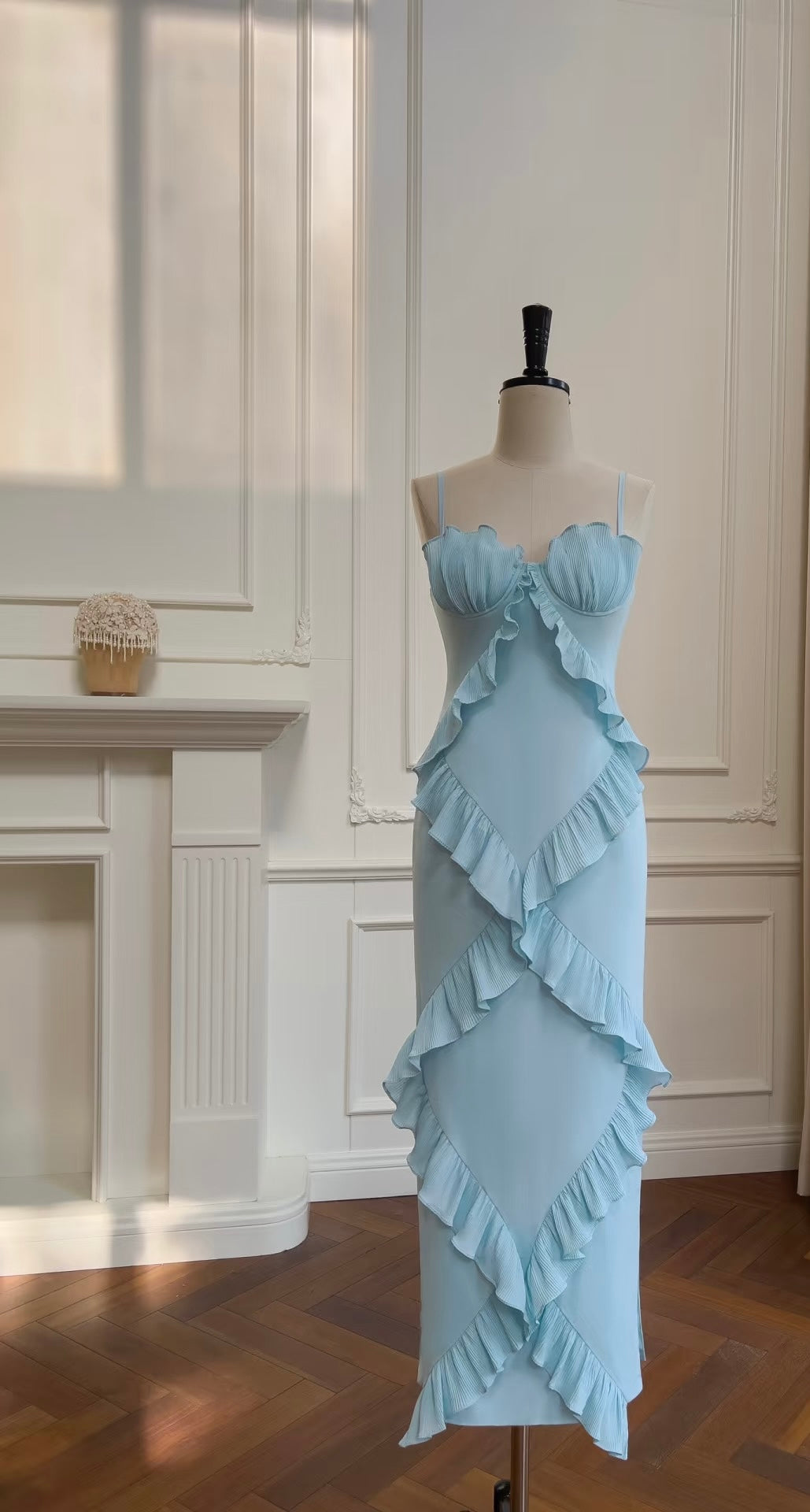 Robe de bal fourreau bleue à volants en mousseline de soie, robe de soirée formelle J6326