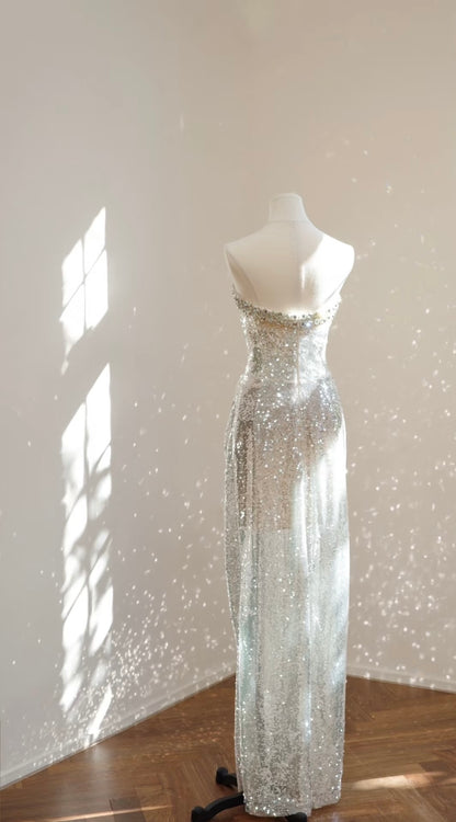 Robe de bal bustier à sequins argentés, robe de soirée scintillante J6327
