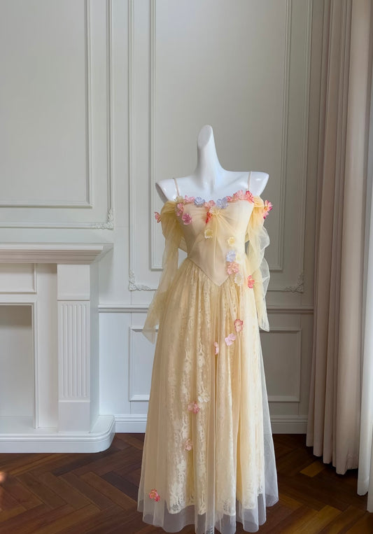 A Line Tulle Yellow Prom Dress With 3d Flower Lace Formal Yellow Party Dress J6330