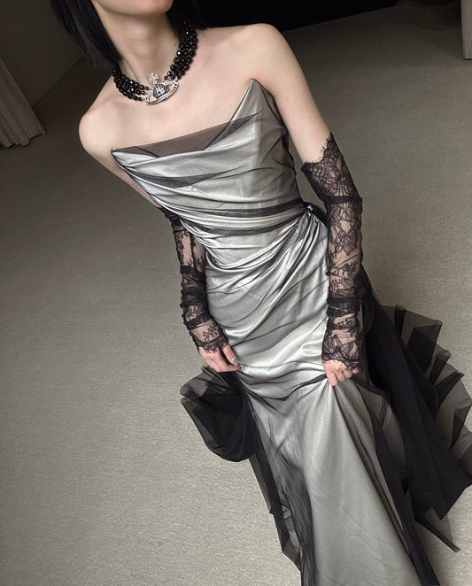 Trägerloses Meerjungfrau-Abendkleid in Splitter-Satin J6338