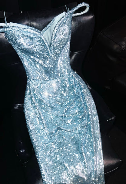 Schulterfreies, blaues Pailletten-Ballkleid mit Etui-Abendkleid J6339