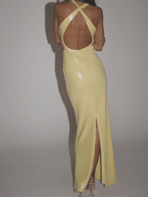 Meerjungfrau V-Ausschnitt Gelb Lange Pailletten Partykleider Abendkleid J6343