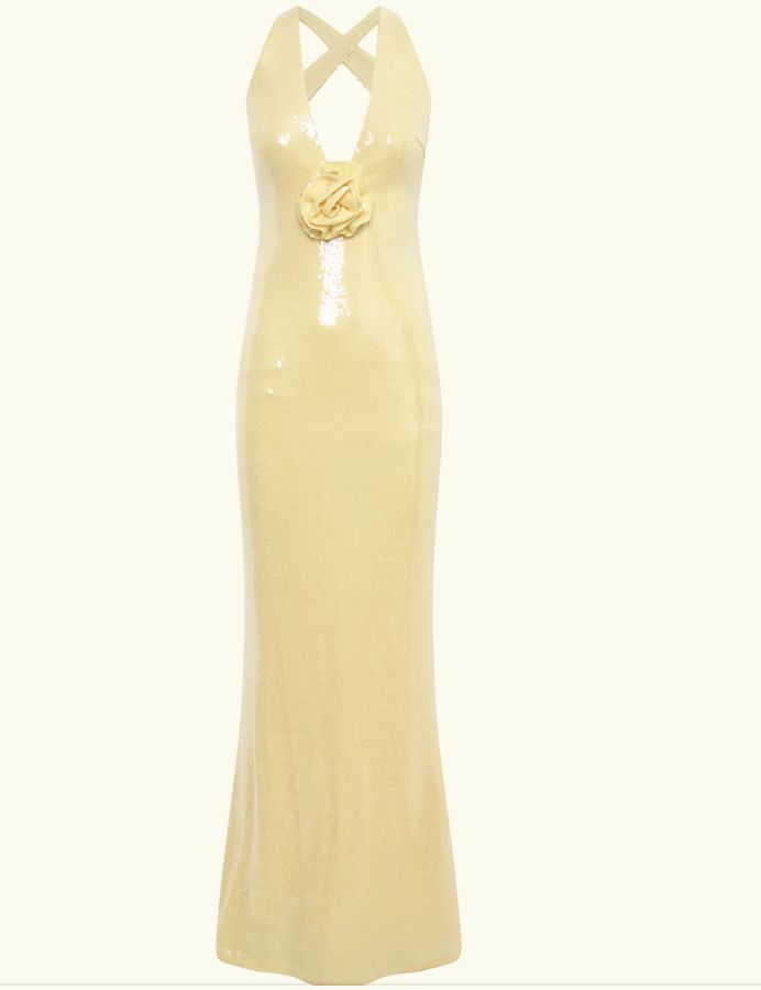 Meerjungfrau V-Ausschnitt Gelb Lange Pailletten Partykleider Abendkleid J6343