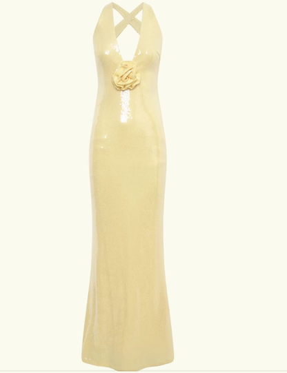 Meerjungfrau V-Ausschnitt Gelb Lange Pailletten Partykleider Abendkleid J6343