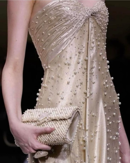 Robe de soirée bustier à perles, couleur champagne, J6345