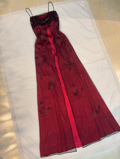 Spaghetti Straps Red Long Prom Dress Beaded Vintage Dress J8559