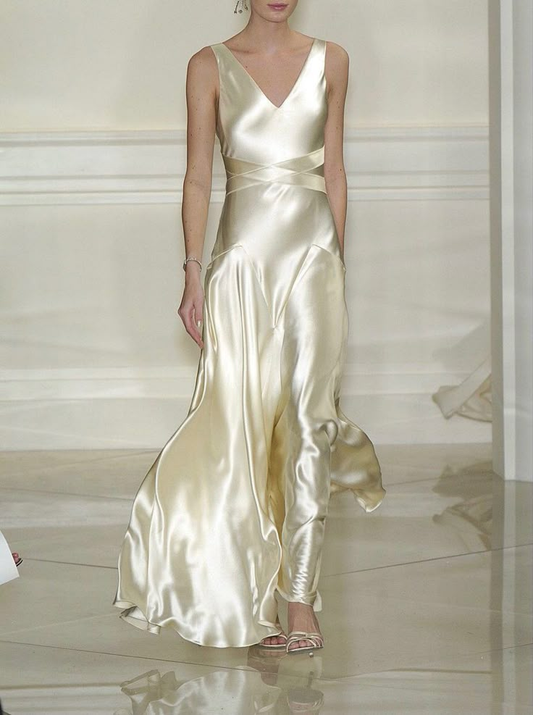 V Neck Satin A Line Prom Dress Evening Dress Formal Gown J6351